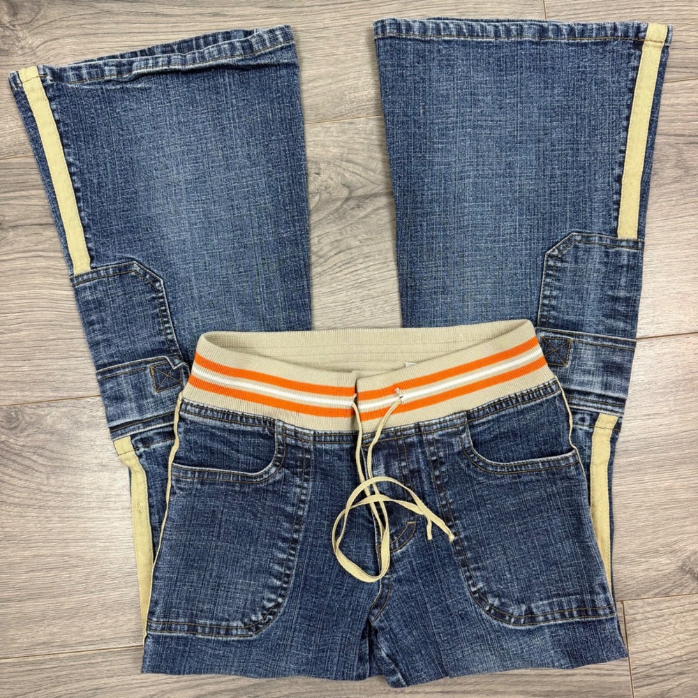 Mudd Girls Size 8 Flare Denim Cargo Jeans Elastic Waist Y2K Stripe Pocket Pants